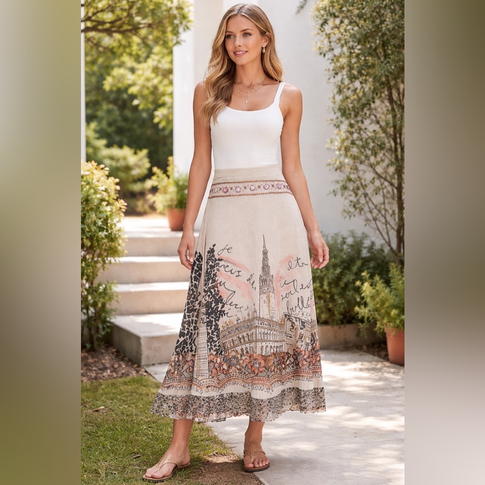 Paris A-Line Linen-Blend Skirt Sequins  Animal Print Ruffle Pink Satin Vintage